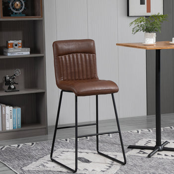 30" Industrial Bar Stool, PU Leather Barstool with Footrest, Upholstered Armless Pub Height Chair, Brown / Black