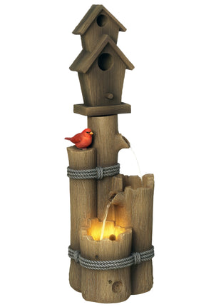 Outdoor Fountain with Birdhouse, Cascading Garden Waterfall Bird Bath with 3-Tier Rustic Tree Trunk / Log Design, LED Lights for Porch, Deck, Yard Decor, Brown