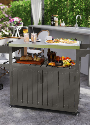 Outdoor Bar Cart with Storage, Stainless Steel Outdoor Bar Table Top, Wheeled HDPE Kitchen Island for Food Prep, Gray