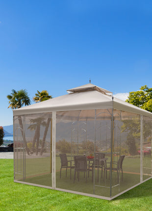 10' x 10' Patio Gazebo with Corner Frame Shelves, Double Roof Outdoor Gazebo Canopy Shelter with Netting for Patio, Wedding, Catering & Events, Brown
