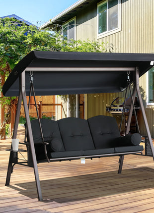 3-Seat Patio Swing Chair, Outdoor Porch Swing Glider with Adjustable Canopy, Removable Cushion, Pillows and Side Trays, for Garden, Poolside, Backyard, Black