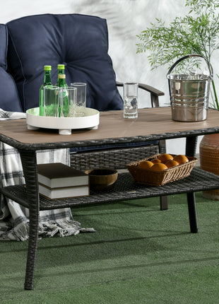 Outdoor Patio PE Rattan Coffee Table with Storage Shelf, Wicker Side Table with Wood-Plastic Composite Top, Mixed Brown
