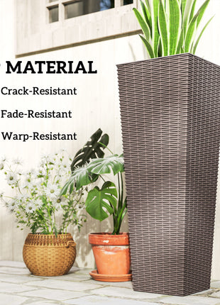 32 Inch Tall Planters for Outdoor Plants, Set of 2 Plastic Flower Pots with Drainage Holes, Brown