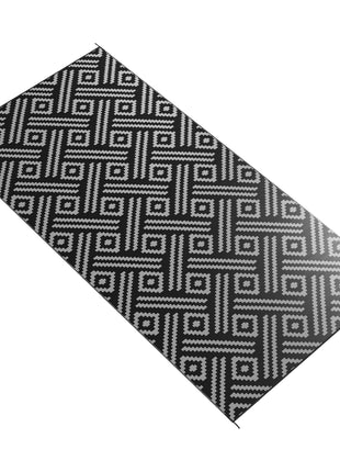 Reversible Outdoor Rug Carpet RV Camping Rugs with Carry Bag, 9' x 18', Black & Gray Geometric