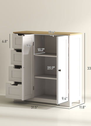 Freestanding Bathroom Floor Cabinet, Modern Bathroom Cabinet with Adjustable Shelf, 4 Drawers and 2 Doors, White