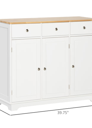 Modern Sideboard with Rubberwood Top, Buffet Cabinet with Storage Cabinets, Drawers and Adjustable Shelves, White