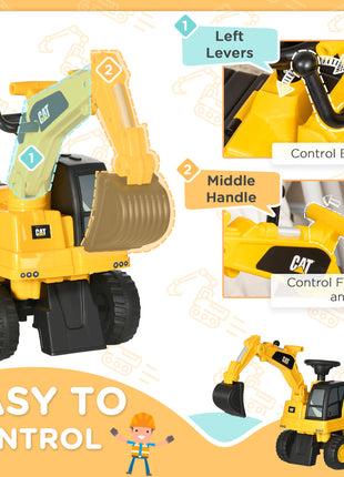 Kids Excavator Ride on Toy CAT Licensed with Manual Shovel, Horn, Hidden Storage for 18-36 Months, Yellow