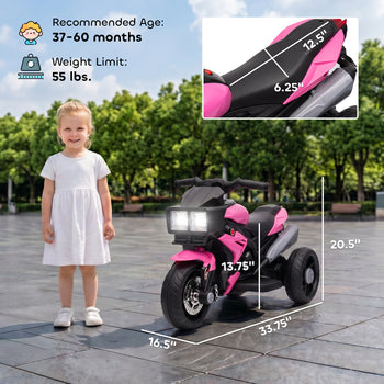 6V Kids Motorcycle, Battery-Operated Mini Electric Motorbike with Forward/Reverse Switch, Horn, Pink