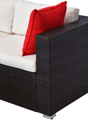 5-Piece Patio Furniture Set with Cushions, Outdoor PE Rattan Wicker Sofa Set, Sectional Furniture with Pillows, Glass Coffee Table for Garden, Backyard, Brown/Cream White