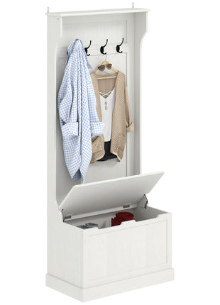 Hall Tree with Coat Rack, Storage, and Sitting Bench, Cream White