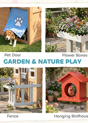 Wooden Kids Playhouse with Pet Door, Play Kitchen, Mailbox, Doorbell, Birdhouse, Fence and Windows for Pretend Play