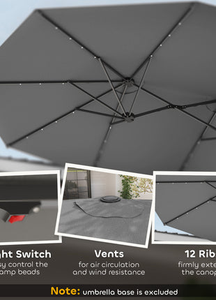 Garden Parasol, Double-Sided Sun Umbrella with LED Solar Lights, Patio Parasol for Outdoor, Gray