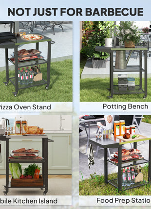 Three-Shelf Outdoor Grill Cart Table with Foldable Side Table, Stainless Steel Top Pizza Oven Stand with Hooks, Silver