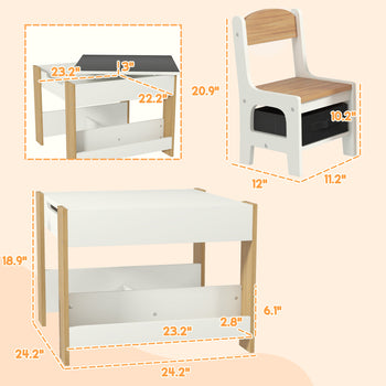 3pc Kids Table and Chair Set with Reversible Tabletop Blackboard, Storage & Bookshelves, Natural