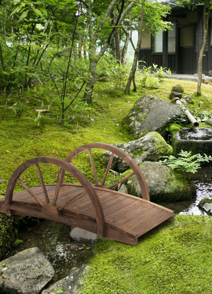 3.3ft Wooden Garden Bridge Arc Footbridge with Half-Wheel Style Railings & Solid Fir Construction, Stained Wood