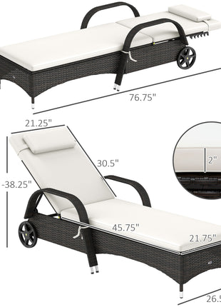 Outdoor Chaise Lounge, 5-Level Adjustable Backrest Rattan Pool Lounge Chair with Wheels, Cushion & Headrest, Cream