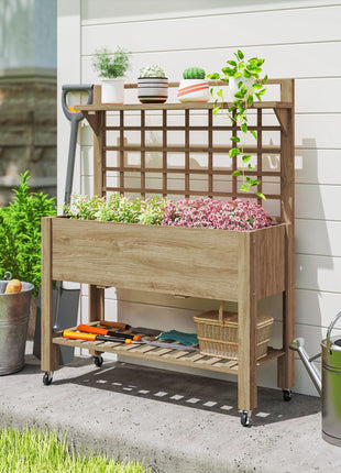 41" Raised Garden Bed Mobile Elevated Wooden Planter Box Stand with Wheels, Trellis and Storage Shelf, Dark Brown