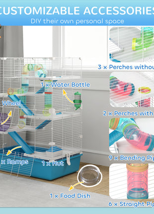 6 Tier Hamster Cage with Tubes and Tunnels, Hut, Wheel, Food Dish, Water Bottle, Ramps, for Dwarf & Gerbil, Light Blue