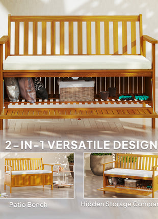Outdoor Bench with Storage Compartment, Acacia Wood Patio Bench with Cushion, 2 Seater Garden Bench, Teak