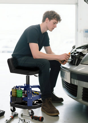 Rolling Creeper Garage Stool, 300 LBS Capacity Mechanic Stool with 360° Wheels, Tool Tray, Adjustable Height, Blue