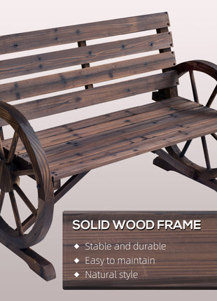41" Wooden Wagon Wheel Bench, Rustic Outdoor Patio Bench Weather Resistance Furniture, 2-Person Slatted Seat with Backrest, Carbonized