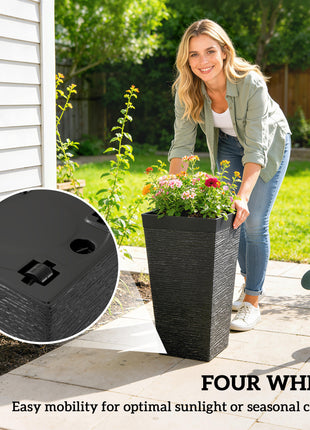 22.8 Inch Set of 3 Outdoor Planters with Stone Finish and Wheels, Stackable Tapered Planters with Drainage Hole, Black