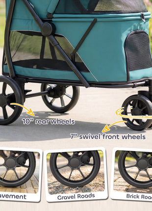 3 Wheel Pet Stroller with Easy One-Click Quick Fold, Mesh Window, Washable Cushion, for Medium Dogs, Dark Green