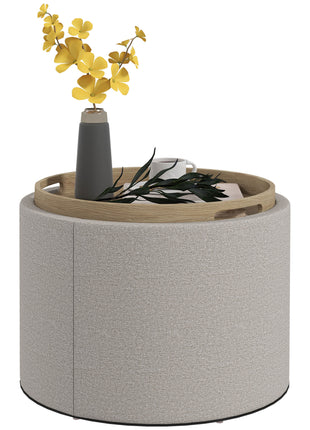 Round Storage Ottoman Coffee Table with Flip Top Tray, Linen Fabric Upholstered Footstool with Hidden Compartment