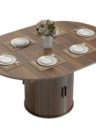 Extendable Dining Table for 6, 60" Farmhouse Kitchen Table with 2-Tier Storage Shelf and Fluted Sliding Doors, Walnut
