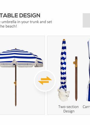 6.2' Beach Umbrella for Travel, Vent, Ruffles, Carry Bag, Portable Outdoor Umbrella for Garden, Blue Stripe