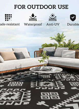 Reversible Outdoor Rug, Waterproof Plastic Straw with Carry Bag, 9' x 18', Black & Gray Rhombus Patchwork