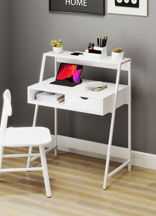 Home Office desk, Computer Desk for Small Spaces, Study Table with Drawer and Storage Shelves, White