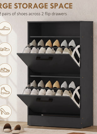 Shoe Cabinet 2 Flip Drawers Adjustable Dividers Shoe Storage Cabinet Top Shelf Entryway Black