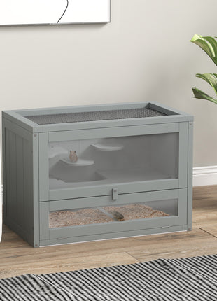 2-Level Hamster Cage with Openable Top, Door, Shelf, Ladder, Gray