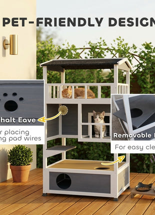 Wooden Outdoor Cat House, Feral Cat Shelter Kitten Condo with Asphalt Roof, Escape Doors, Condo, Jumping Platform, Gray