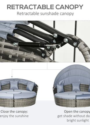 4 Piece Round Rattan Daybed, Convertible Patio Furniture Set, Adjustable Sun Canopy, Sectional Outdoor Sofa, 2 Chairs, Extending Tea Table Ottoman Chair, 3 Pillows, Light Gray