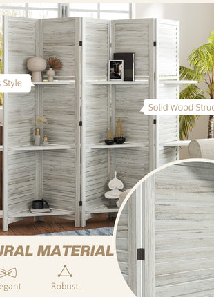 5 Panel 67" Tall Wood Privacy Screen Room Divider with 3 Shelves and Folding Storage for Bedroom, Distressed White
