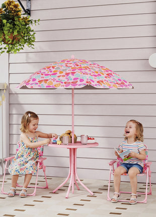 Kids Picnic Table and Chair Set, Outdoor Table with Foldable Chairs, Removable Umbrella, Pink