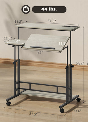 Adjustable Standing Desk with Power Outlets, Stand Up Desk with Tiltable Tabletop, Wheels, Shelf, for Home Office, Oak