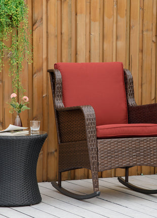 Outdoor Wicker Rocking Chair, Rattan Rocker with Cushions, Steel Frame for Patio, Garden, Backyard, Wine Red