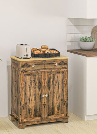 Kitchen Storage Cabinet, Sideboard Floor Cupboard with Solid Wood Top, Adjustable Shelf, and 2 Drawers, Brown