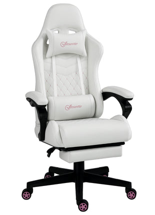 High Back PU Leather Gaming Chair, Racing Computer Chair with Swivel Wheels, Retractable Footrest, Headrest, Lumbar Support, and Armrest, White and Pink