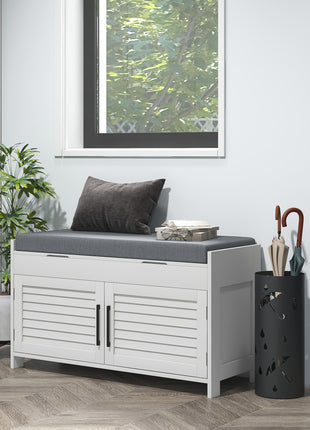 Shoe Storage Bench, Modern Entryway Bench with Cushion, Hidden Compartments, Adjustable Shelves, Shutter Doors, White