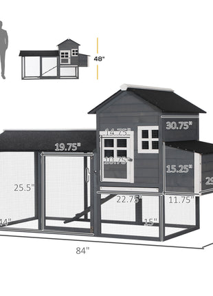 84" Wooden Chicken Coop, Hen House Outdoor with Run Nesting Box, Asphalt Roof, Removable Tray, Ramp, Poultry Cage for 2-3 Chickens, Gray