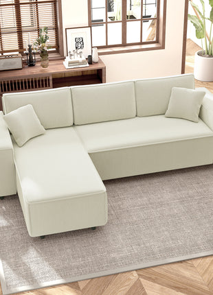 Corner Sofa with Reversible Chaise Lounge, Corduroy L-Shaped Sectional Sofa with Pocket Spring, Cream White