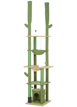 89"-100" Floor to Ceiling Cat Tree, Cat Climbing Tower with Grooming Brush Post, Cat Condo, Hammock, Green