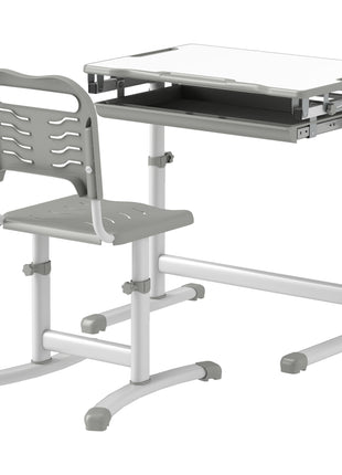 Height Adjustable Kids Desk and Chairs Set with Tilt Desktop, Storage Drawer, Pen Slot, Hook, Gray