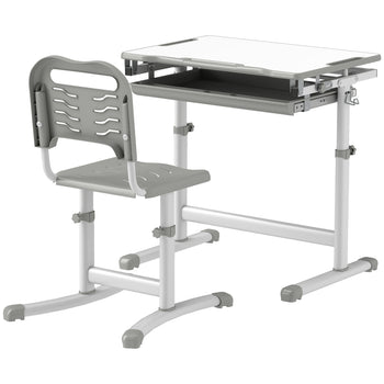 Height Adjustable Kids Desk and Chairs Set with Tilt Desktop, Storage Drawer, Pen Slot, Hook, Gray