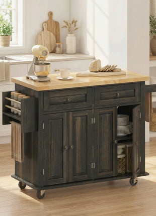 44" Mobile Kitchen Island Table, Kitchen Island Cart on Wheels with Storage Cabinets, 2 Drawers, Brown
