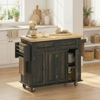 44" Mobile Kitchen Island Table, Kitchen Island Cart on Wheels with Storage Cabinets, 2 Drawers, Brown